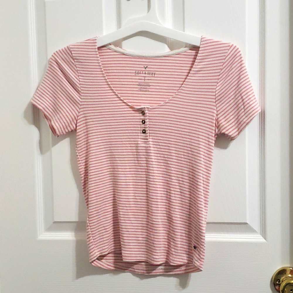 American Eagle Striped Pink and White T-shirt